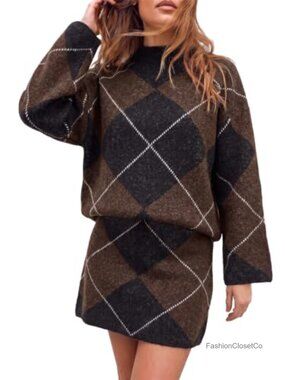 Argyle Sweater Skirt Set 2 Piece Plaid Knit Turtleneck Mini Skirt Outfit